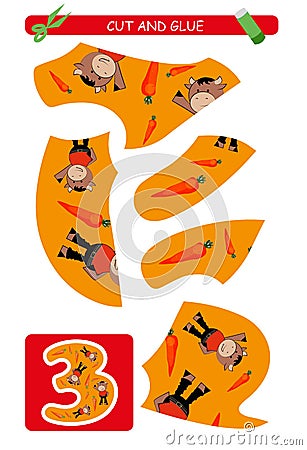 Cut and glue worksheet: number 3. Educational game for kids. Learning numbers. Vector Illustration